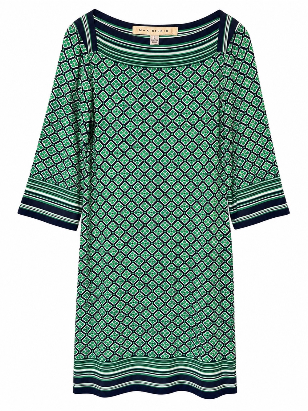 Max Studio Green Geometric Midi Dress with Navy Trim